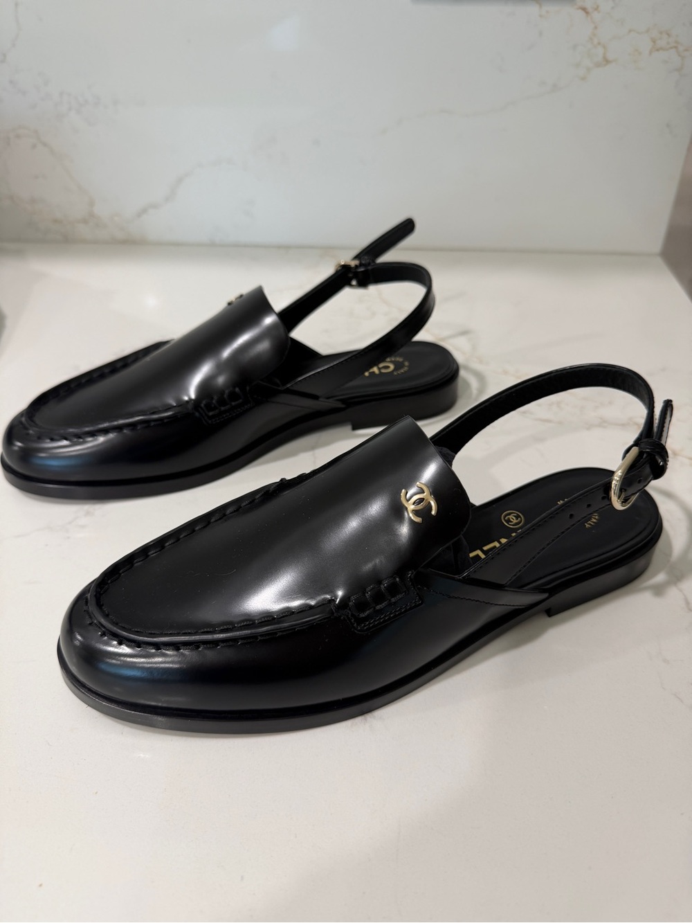 CHANEL Black Leather Slingback Loafer Mules with Gold CC